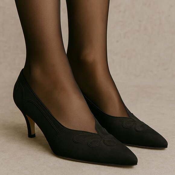 Peter Fox 7.5 Black Swirl Pointed Toe Kitten High Heel Shoes Vintage Rare Whimsy - Picture 1 of 8